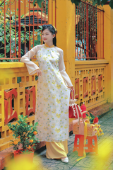 Áo dài dáng suôn Sớm Xuân - Trắng hoa mai xanh