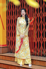 Áo dài dáng suôn Sớm Xuân - Vàng nhạt hoa vàng