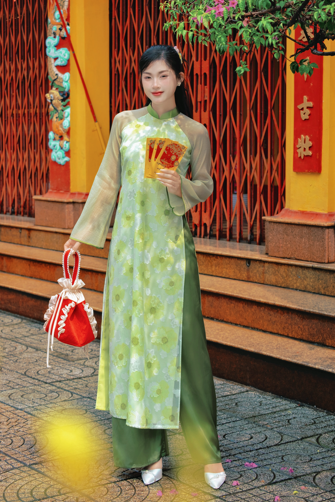 Áo dài dáng suôn Sớm Xuân - Xanh hoa mai xanh