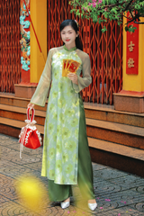 Áo dài dáng suôn Sớm Xuân - Xanh hoa mai xanh