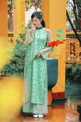 Áo dài dáng suôn Sớm Xuân - Xanh lá hoa nhỏ