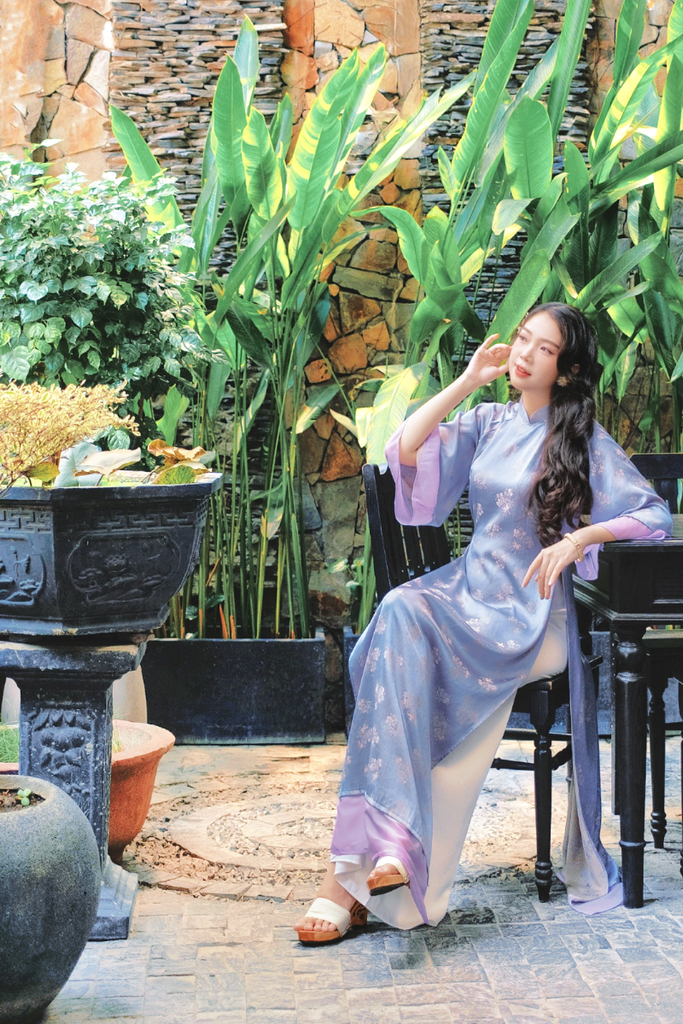 Áo dài gấm dáng suôn Yên Cảnh - Tím dịu