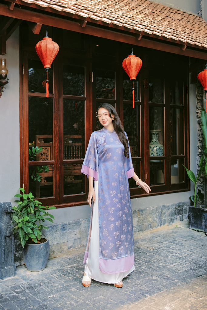Áo dài gấm dáng suôn Yên Cảnh - Tím dịu