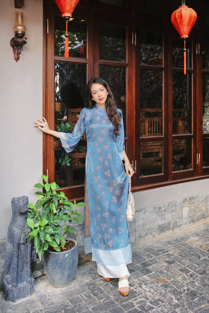 Áo dài gấm dáng suôn Yên Cảnh - Xanh đá