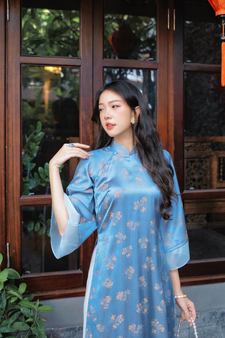 Áo dài gấm dáng suôn Yên Cảnh - Xanh đá