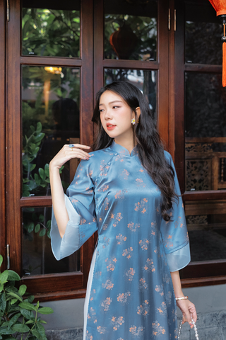 Áo dài gấm dáng suôn Yên Cảnh - Xanh đá