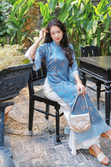 Áo dài gấm dáng suôn Yên Cảnh - Xanh đá