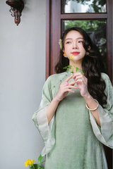 Áo dài gấm dáng suôn Yên Cảnh - Xanh trà