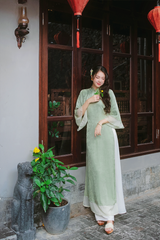 Áo dài gấm dáng suôn Yên Cảnh - Xanh trà