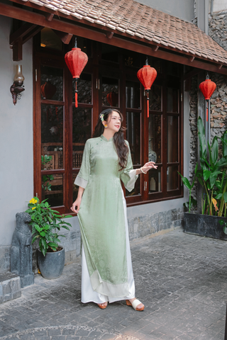 Áo dài gấm dáng suôn Yên Cảnh - Xanh trà