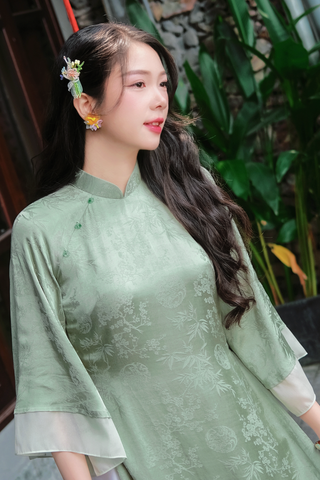 Áo dài gấm dáng suôn Yên Cảnh - Xanh trà