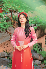 Áo dài tay chẽn Ỷ Xuân Phong - Chuyển màu hồng đỏ