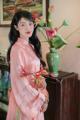 Áo dài lụa tơ tằm Dáng suôn Phúc Hoa - Hồng hoa cúc