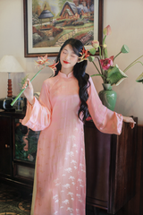 Áo dài lụa tơ tằm Dáng suôn Phúc Hoa - Hồng hoa cúc