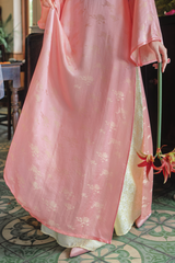 Áo dài lụa tơ tằm Dáng suôn Phúc Hoa - Hồng hoa cúc