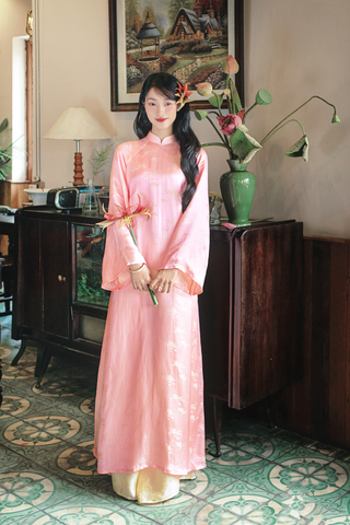 Áo dài lụa tơ tằm Dáng suôn Phúc Hoa - Hồng hoa cúc