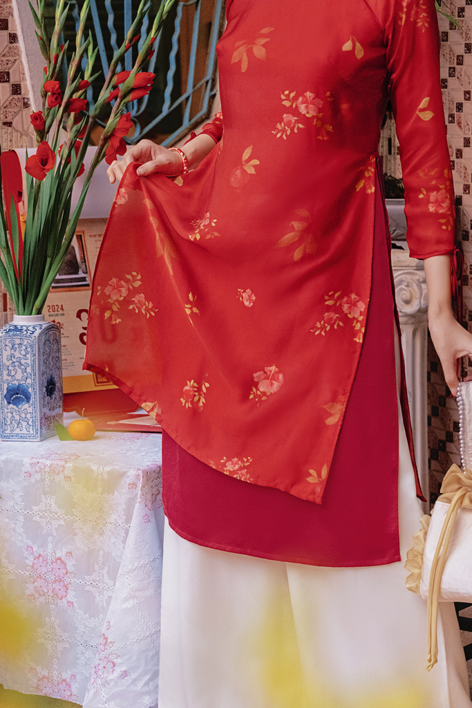 Áo dài cách tân Xuân Y - Lựu đỏ râm bụt
