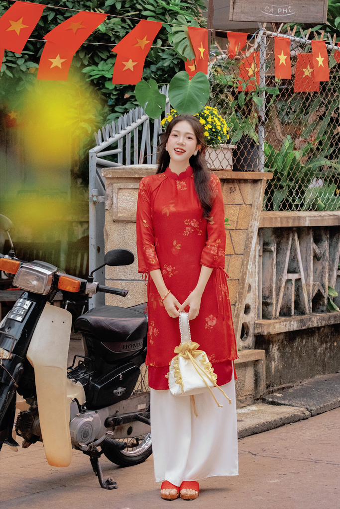Áo dài cách tân Xuân Y - Lựu đỏ râm bụt