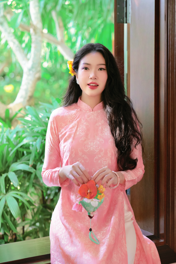 Áo dài lụa tơ tằm Dáng suôn Phúc Thọ - Cam đào