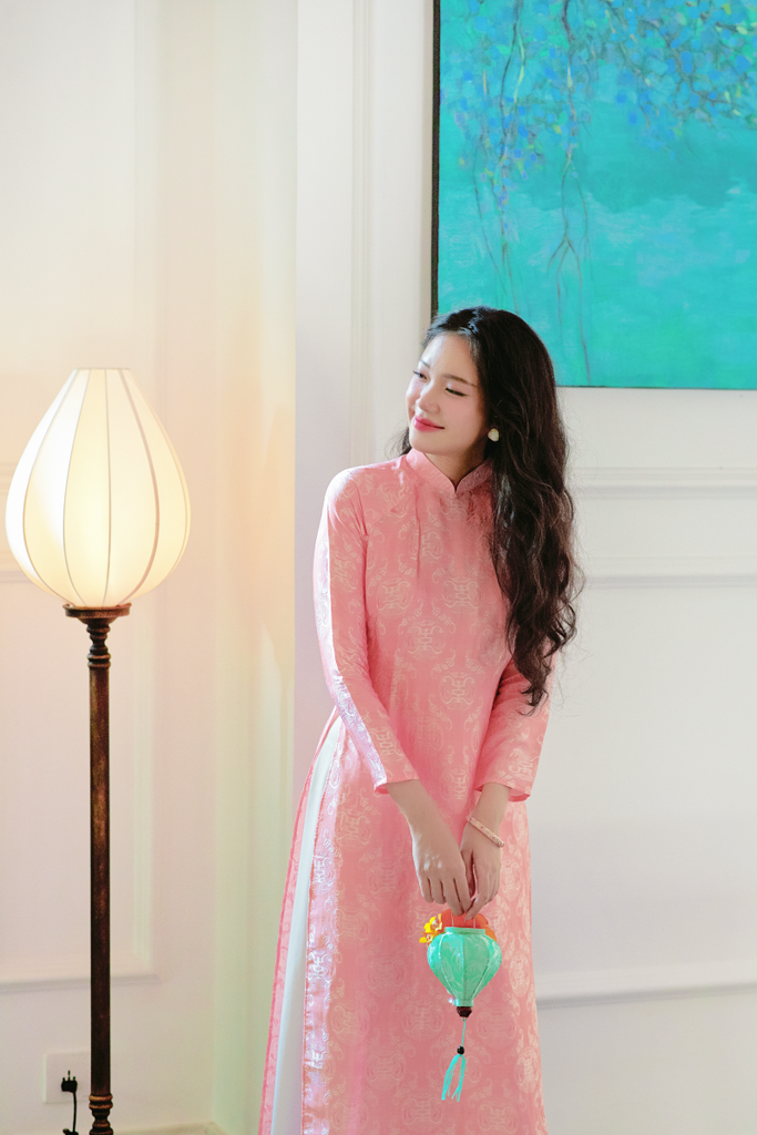 Áo dài lụa tơ tằm Dáng suôn Phúc Thọ - Cam đào