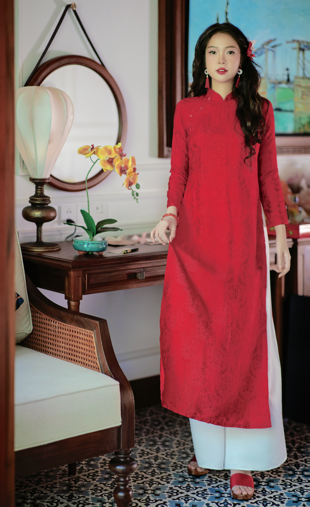 Áo dài lụa tơ tằm Dáng suôn Phúc Thọ - Đỏ tươi