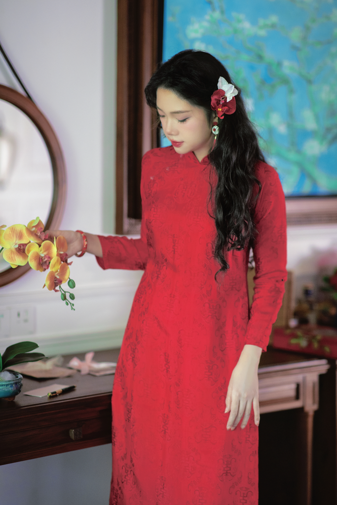 Áo dài lụa tơ tằm Dáng suôn Phúc Thọ - Đỏ tươi