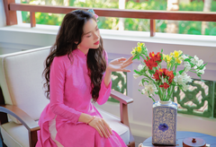 Áo dài lụa tơ tằm Dáng suôn Phúc Thọ - Hồng hoa giấy