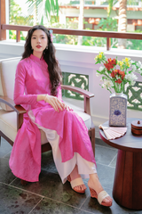 Áo dài lụa tơ tằm Dáng suôn Phúc Thọ - Hồng hoa giấy