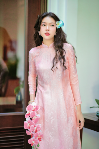 Áo dài lụa tơ tằm Dáng suôn Phúc Thọ - Hồng phấn