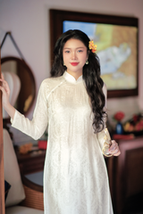 Áo dài lụa tơ tằm Dáng suôn Phúc Thọ - Kem nhạt