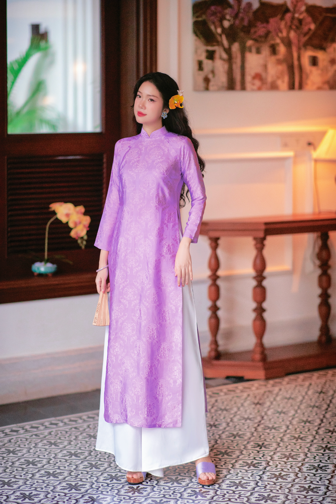 Áo dài lụa tơ tằm Dáng suôn Phúc Thọ - Tím Huế