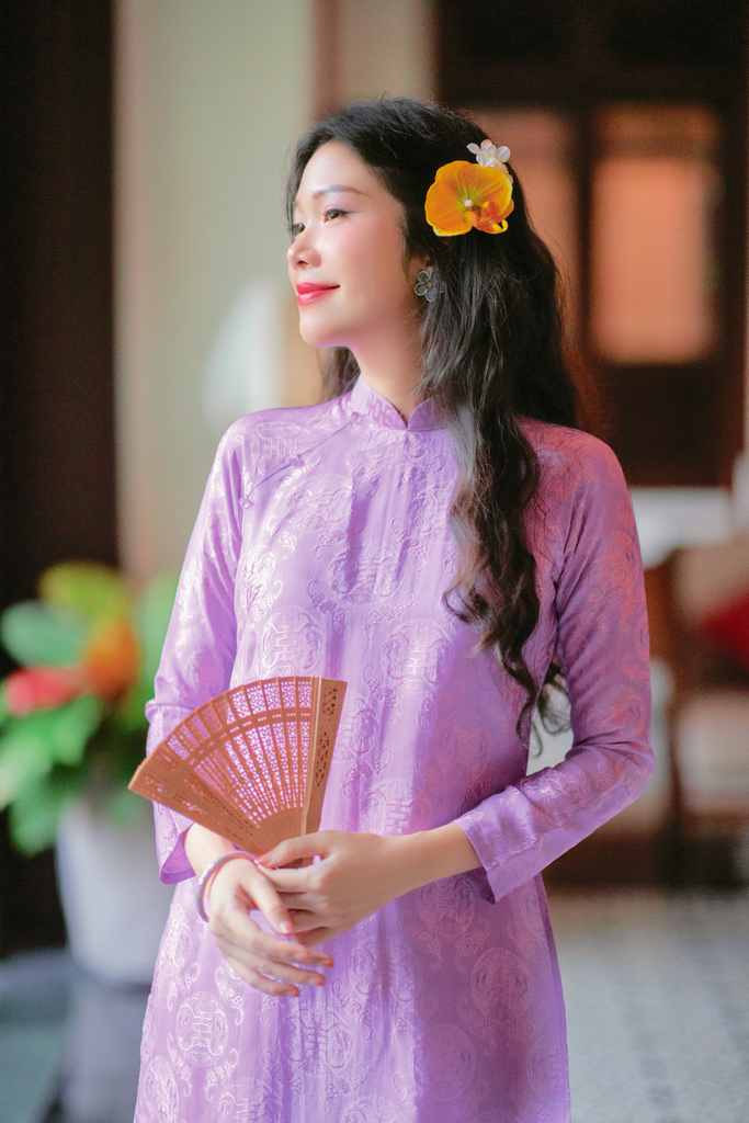 Áo dài lụa tơ tằm Dáng suôn Phúc Thọ - Tím Huế