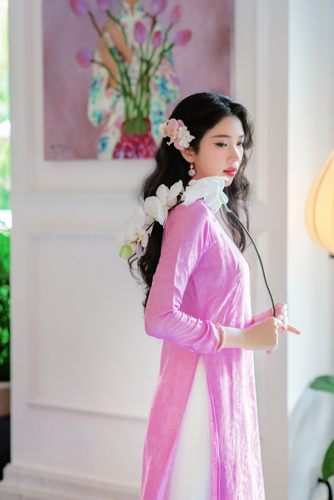Áo dài lụa tơ tằm Dáng suôn Phúc Thọ - Tím phong lan