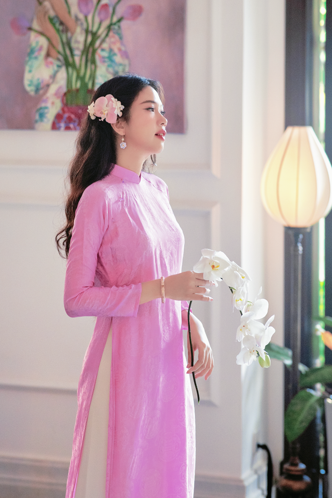 Áo dài lụa tơ tằm Dáng suôn Phúc Thọ - Tím phong lan