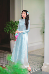 Áo dài lụa tơ tằm Dáng suôn Phúc Thọ - Xanh biển nhạt