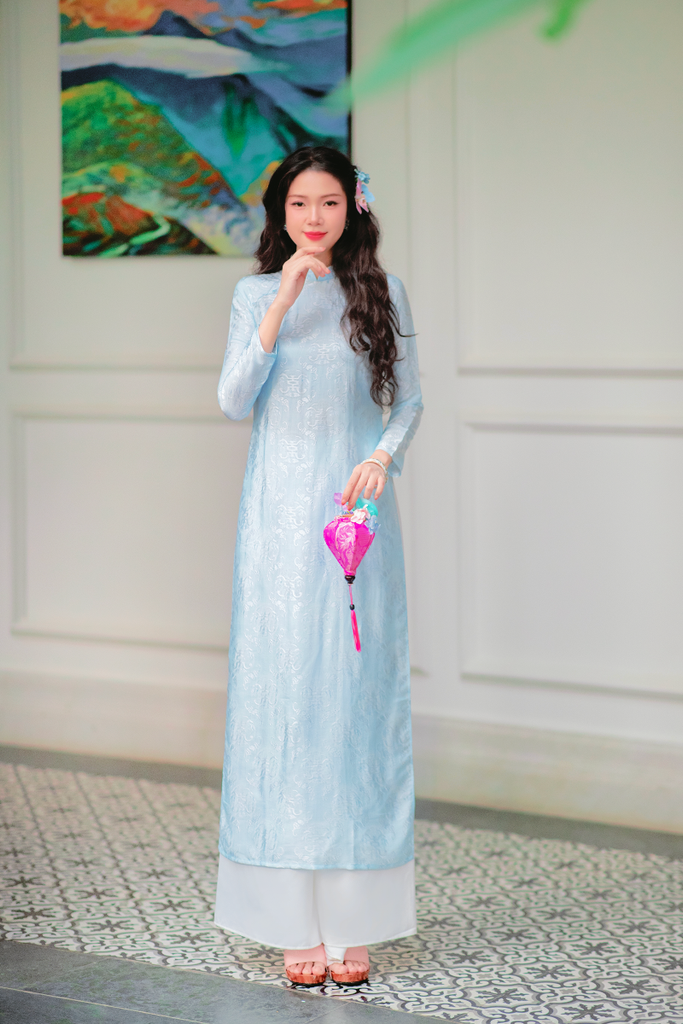 Áo dài lụa tơ tằm Dáng suôn Phúc Thọ - Xanh biển nhạt