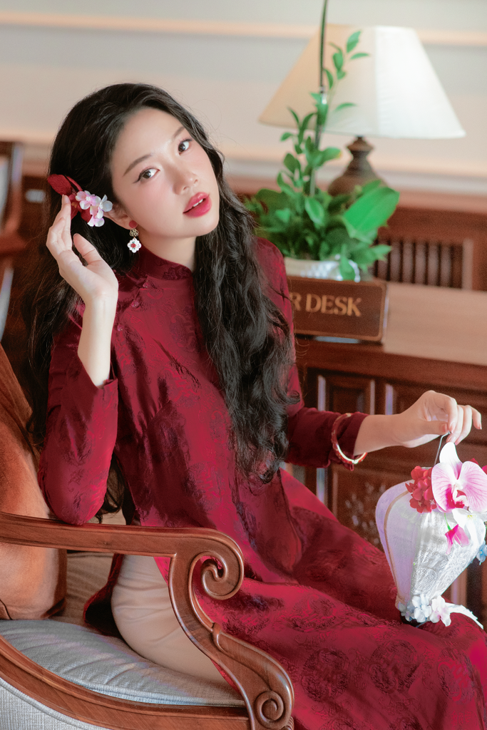 Áo dài lụa tơ tằm Dáng suôn Phúc Thọ - Đỏ đô