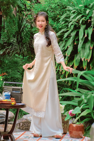 Áo dài linen Thanh Chi cổ đứng