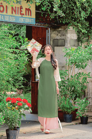 Áo dài linen Thanh Diệp cổ tròn