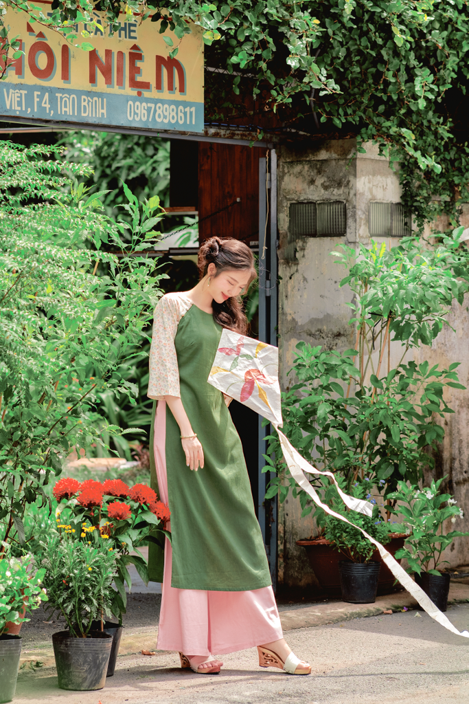 Áo dài linen Thanh Diệp cổ tròn