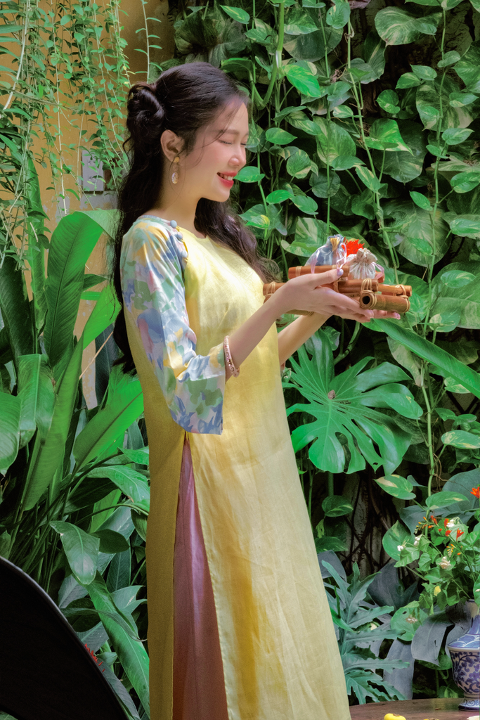 Áo dài linen Thanh Hạ cổ tròn