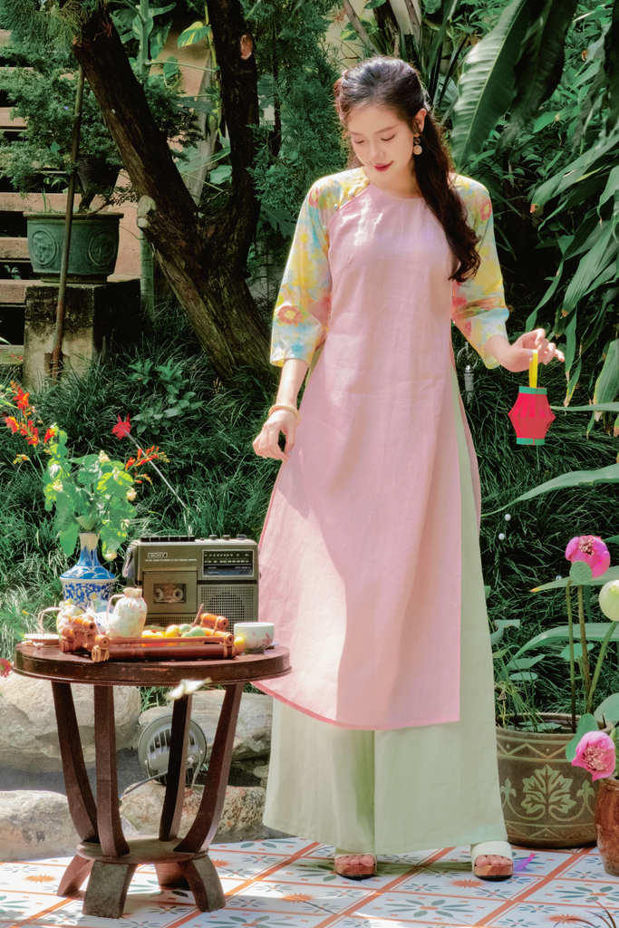 Áo dài linen Thanh Ly cổ tròn