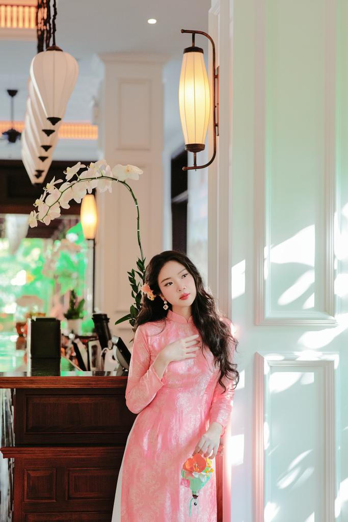 Áo dài lụa tơ tằm Truyền thống Phúc Thọ - Cam đào
