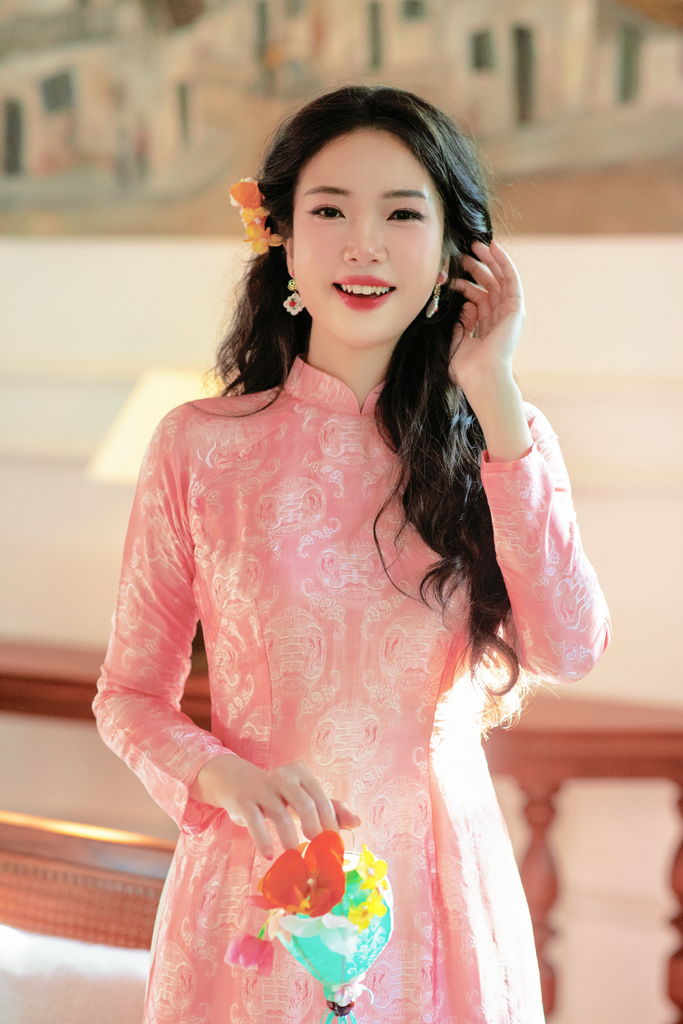 Áo dài lụa tơ tằm Truyền thống Phúc Thọ - Cam đào