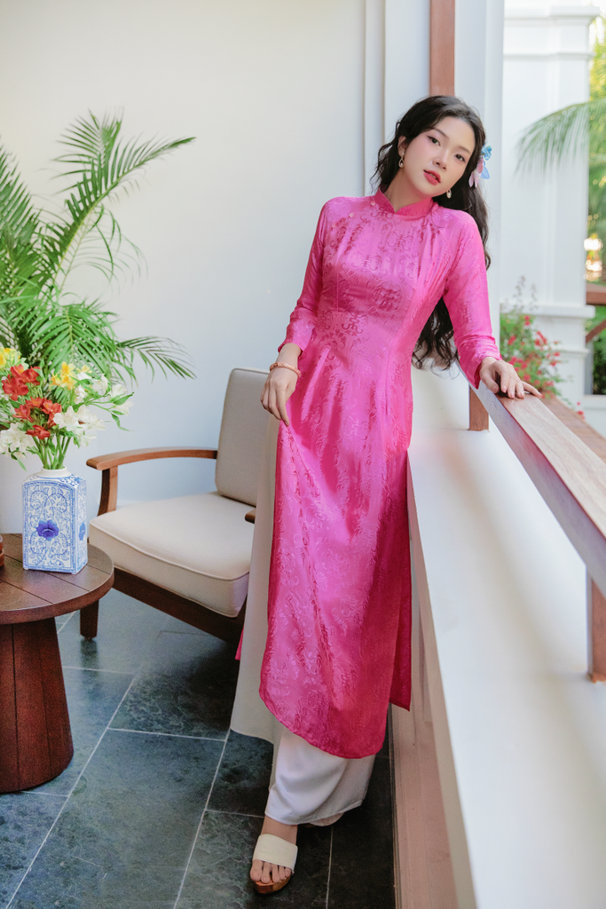 Áo dài lụa tơ tằm Truyền thống Phúc Thọ - Hồng hoa giấy