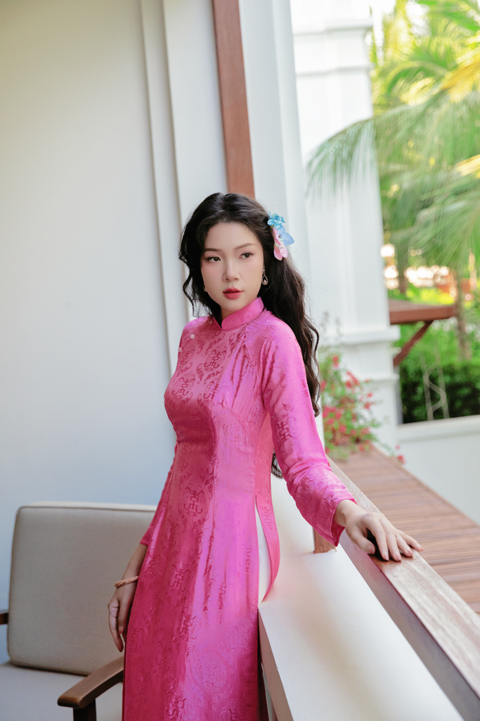Áo dài lụa tơ tằm Truyền thống Phúc Thọ - Hồng hoa giấy