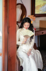 Áo dài lụa tơ tằm Truyền thống Phúc Thọ - Kem nhạt