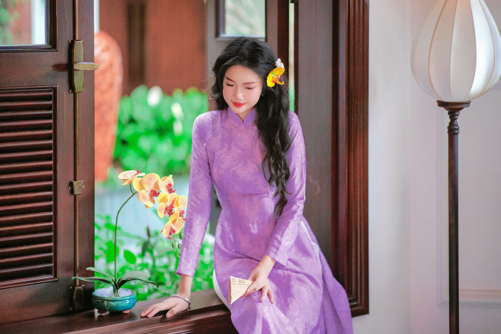 Áo dài lụa tơ tằm Truyền thống Phúc Thọ - Tím Huế