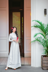 Áo dài lụa tơ tằm Truyền thống Phúc Thọ - Trắng