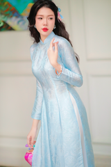 Áo dài lụa tơ tằm Truyền thống Phúc Thọ - Xanh biển nhạt